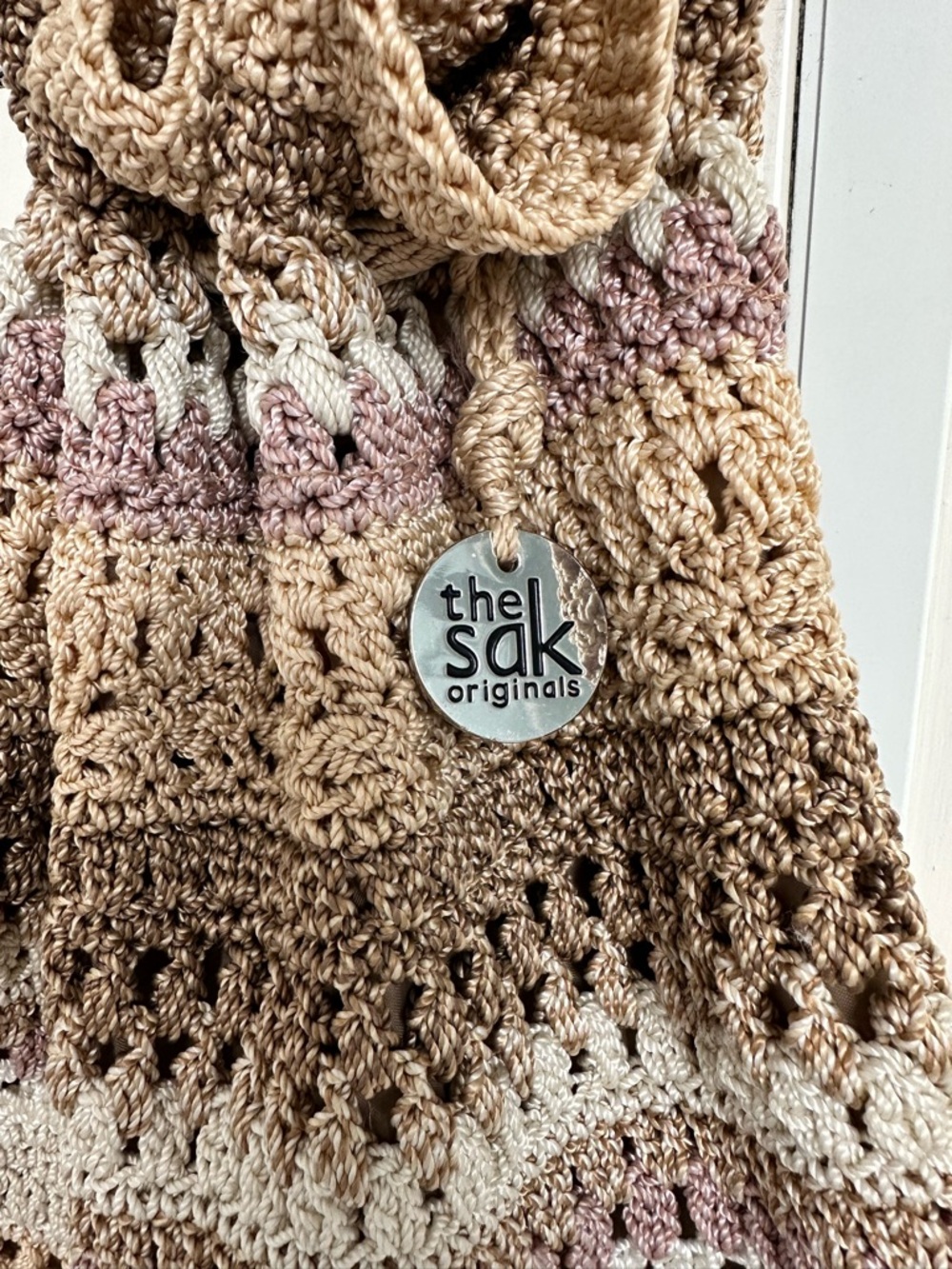 The Sak | Boho Janet Crochet Drawstring Shoulder Bag Neutral Stripes | AS IS - Picture 4 of 16